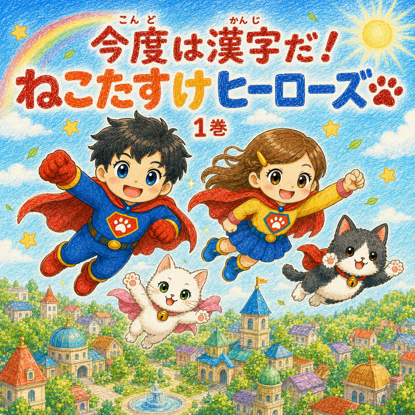 絵本「今度は漢字だ!ねこたすけヒーローズ」の表紙