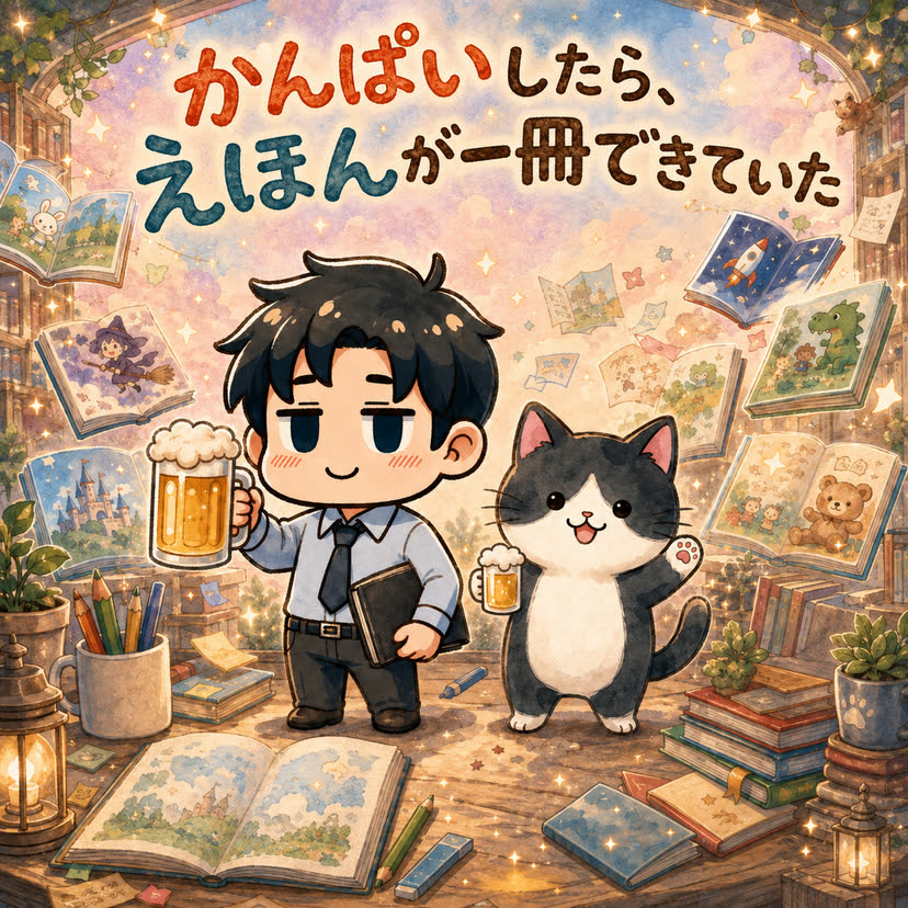 絵本「かんぱいしたら、えほんが一冊できていた」の表紙