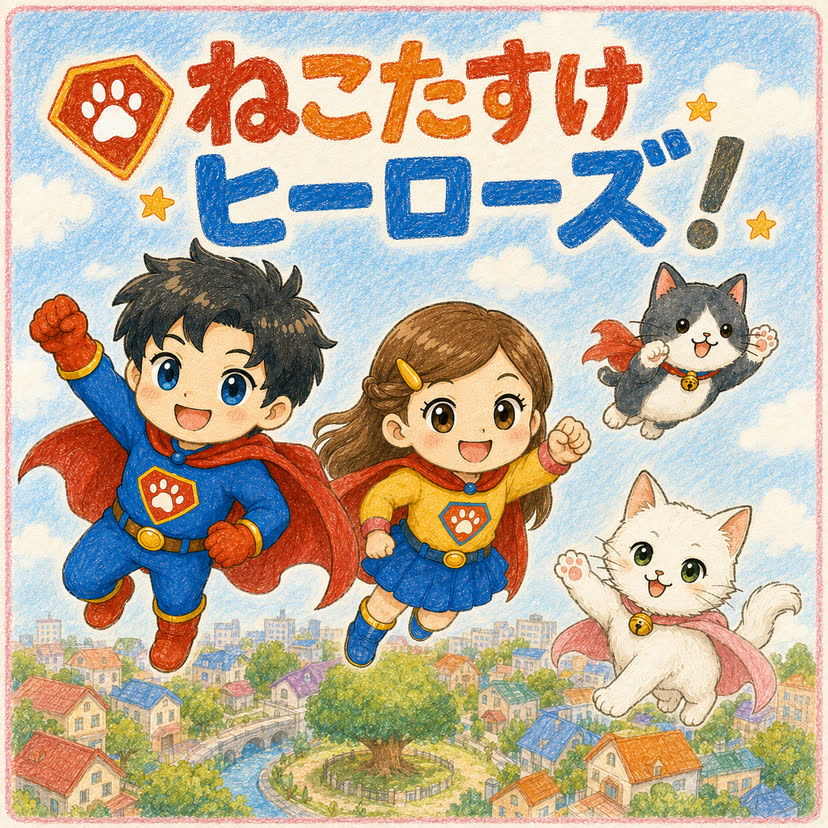 絵本「ねこたすけヒーローズ!」の表紙